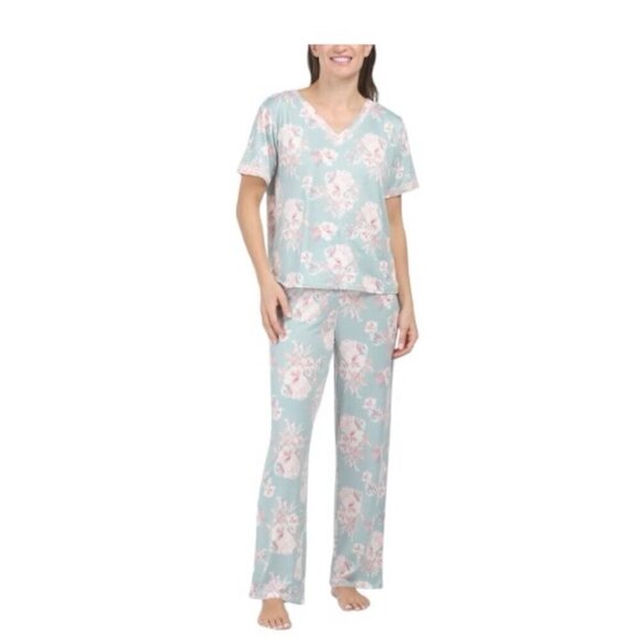 Flora Nikrooz Womens Green Floral Soft V Neck Top Pants Pajamas Set Sz M New - Picture 1 of 7